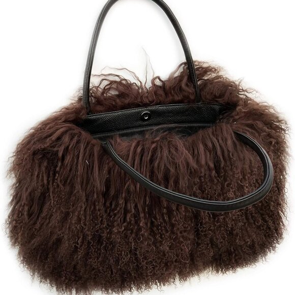 Women Luxury Real Lamb Mongolian Flush Wool Fur With Genuine Leather Handles Han - Picture 1 of 9
